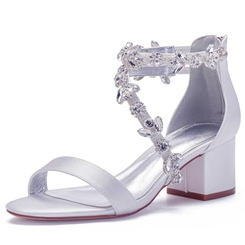 TarfiC Open Toe Heels for Women -Black Nude Gold Silver Rhinestones Zipper Heels Low Block Chunky Women Pumps with Ankle Strap -2.16 Inch