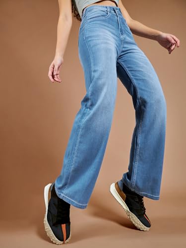 Image of Dolce Crudo Women's Wide Leg Mid Rise Regular Length Blast Effect Light Weight Denim Jeans
