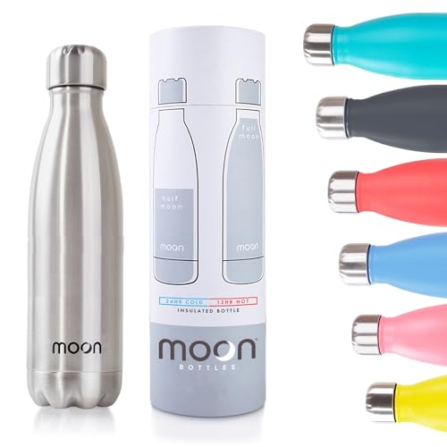 Moon Bottles - Insulated Water Bottle That Lasts Forever - 18/8 Stainless Steel Vacuum Flask - Double Walled Drink Bottle - Thermal Metal Flasks, Leakproof, 24hrs Cold & 12 Hot (260ml, Silver)