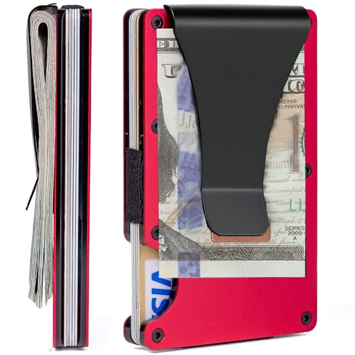 Image of Minimalist Wallet for Men, Slim Metal RFID Blocking Wallet Credit Card Holder Money Clip & Cash Strap, Scratch-Resistant Holds 15 Cards,Ideal Gift for Men | Matt Red