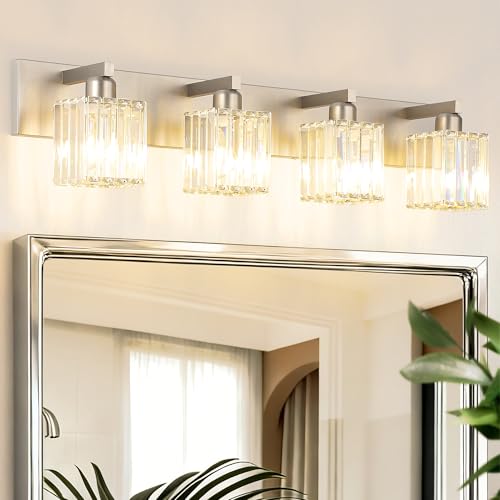 Image of Aipsun Brushed Nickel Bathroom Lighting Fixtures 4 Light Crystal Modern Bathroom Vanity Light (Exclude Bulb)