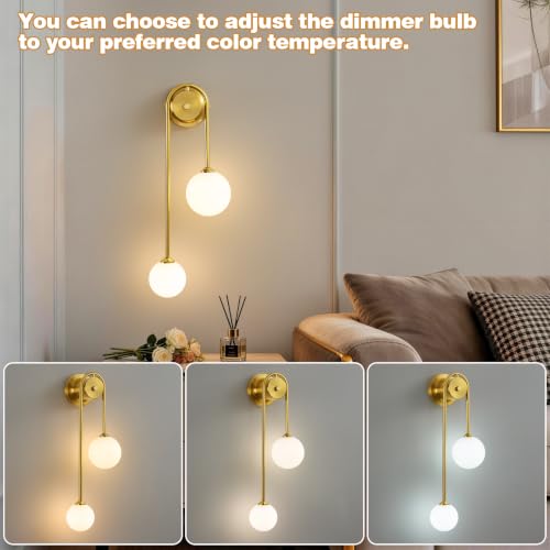 Image of Globe Wall Sconce, Double Hanging Ball Sconce, Modern Indoor Sconces | Gold Double Globe wall Sconce with Milk Glass Shades, Hardwired Indoor ball Sconce for Bedroom Bathroom Living Room Hallway