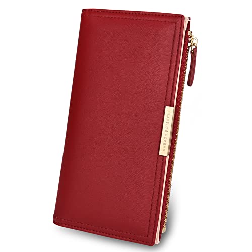 Mokoze Red Wallet Women, Leather Wallet with Zipper Magnetic Closure Double Fold Wallet for Gift Giving, Daily Life, Travel and Business Occasions
