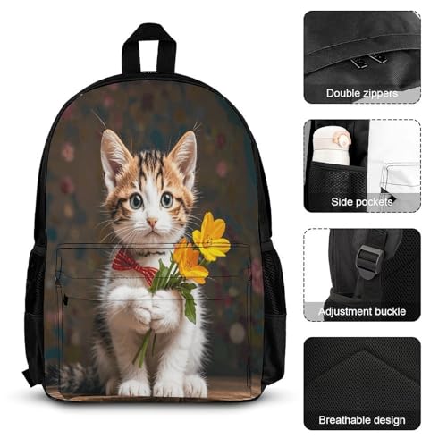 3-in-1 Backpack Combination Set Kitten Hugging A Flower Print 3Pcs Backpack Sets Travel Daypack with Lunch Bag And Cosmetic Bag3
