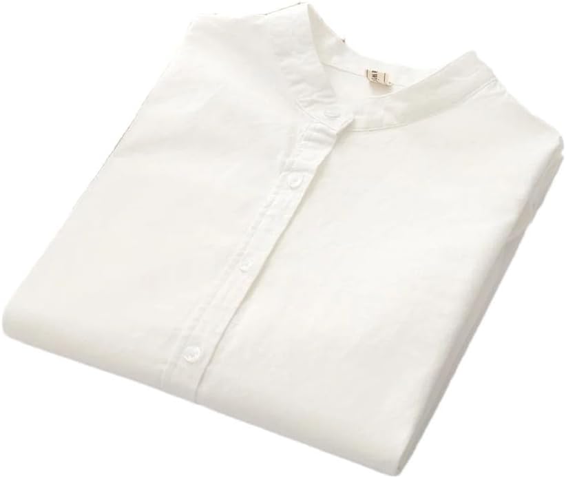 Women's Cotton Shirt Women Casual Stand Collar Solid Color Long Sleeve Blouses Tops