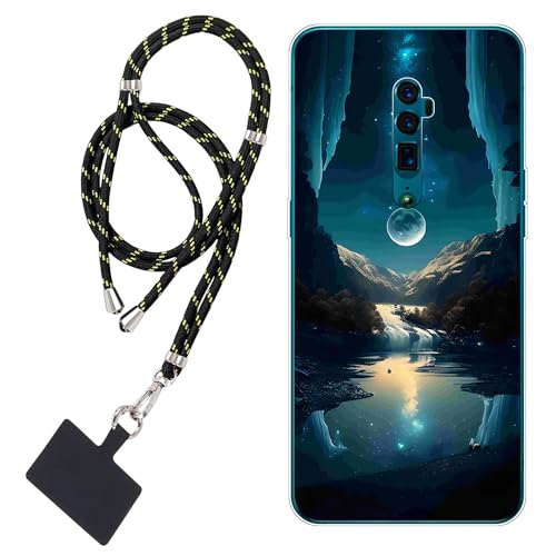 WUACYEAMING Carcasa para Móvil Compatible con OPPO Reno 10x Zoom Cover Funda Transparente para móvil con Dibujo TPU Arroyo Rio luna1*Cordón para Teléfono Ajustable