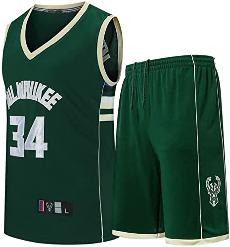 Jersey Masculina, Milwaukee Bucks, # 34 Atuendo De Baloncesto, Giannis Antetokounmpo Versión De Fanáticos Masculino Y Femenino, Ropa Deportiva Bordada Sin Mangas, Chicos, Regalo(Size:M,Color:verde)