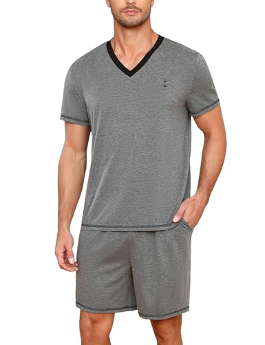 Marvmys Men's Pyjamas Sets Short Sleeve Summer Cotton Pjs Loungewear Nightwear Contrasting Colors V-neck T-Shirt and Shorty Bottoms with Pockets Dark Grey
