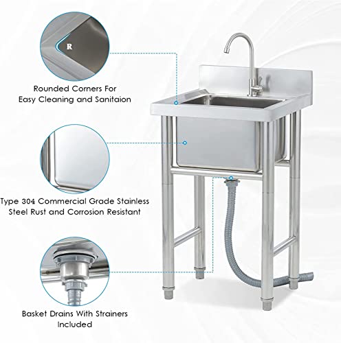 Lavabo independiente de acero 304 con grifo integrado, resistencia para hostelería 4
