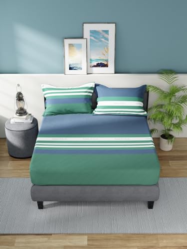 Image of NAUTICA Super Soft Cotton King Bedsheet with 2 Pillow Covers -3Pc Set (Bradford) Stripe-Blue /Green,160 TC