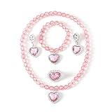 TASMAI MARKETING Girls Princess Jewellery Set – Heart Pendant Necklace, Bracelet & Clip-On Earrings,Ring – Dress-Up Accessories for Kids, Toddler Costume Jewelry, Party Favor Gift Set (Pink)