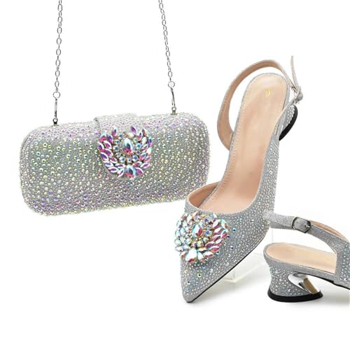 Womens Silver 2025 Nigerian Wedding Shoes Set Italian Rhinestone Bridal Pumps and Matching Evening Party Bag2