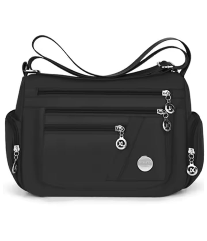 Bolsa Tiracolo Feminina Preta,.Multi-Compartimentos com Zíper, Alça Ajustável 25 cm de largura, 20 cm de altura com 10 de fundo