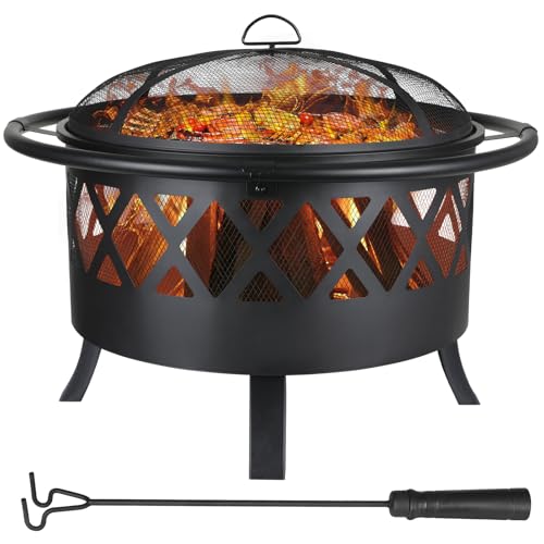 TLSUNNY Brasero Exterieur pour Jardin, Ø 81 cm Foyer, Brasero Barbecue avec Protection Anti-étincelles et Tisonnier, avec Grille de Barbecue, Grande Capacité, Noir
