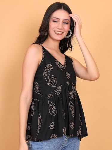 Image of FIMS - Fashion is my style Rayon Short Kurti for Women, Ethnic Printed, Black Sleeveless Kurtis, Summer Wear, Ideal Gift for Girls