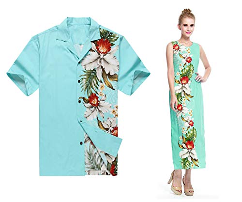 Made in Hawaii Couple Matching Luau Aloha Shirt Maxi Tank Dress Side Orchid Turquoise M-XL