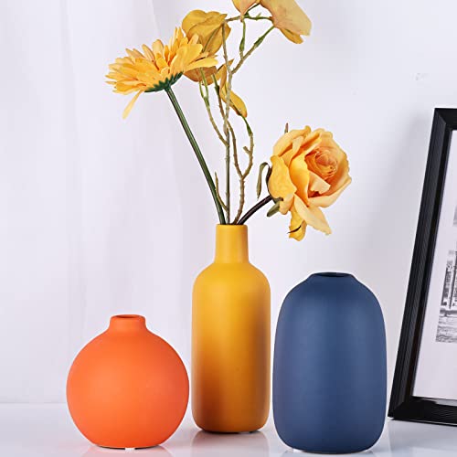 Ceramic Vase Set of 3, Small Flower Vases for Rustic Home Decor Modern Farmhouse, Living Room, Shelf, Table, Bookshelf