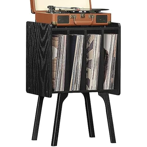 LELELINKY Record Player Stand, Black Vinyl Storage Holder with 4 Cabinet Up to 100 Albums, Record Table with Wood Legs Cover