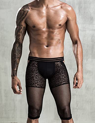 Men Sexy Butt-Flaunting Long Boxer Underwear Low Rise Black Leopard Bottomless Gay Underpants Backless Men Knee-Length Leggings with Breathable Mesh Lace4