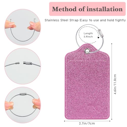 2Pcs Sparkly Pink Glitter Luggage Tags with Airplane Symbol, Stylish PU Leather Privacy Bag Tags with Steel Strap, Travel Bag Identifier for Women & Girls, Perfect for Suitcase and Backpack2