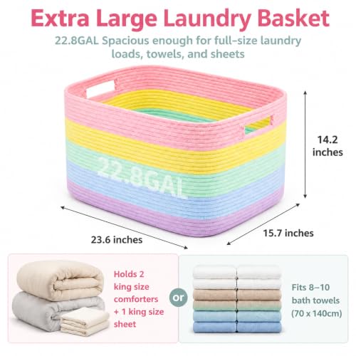 Image of 22.8GAL Extra Large Collapsible Laundry Basket for Dirty Clothes,Shoes, Sturdy Portable Aesthetic Boho Heavy Duty Wicker Hamper for Living Room Thow Pillows Blankets Storage Organizer,Rainbow Pastel