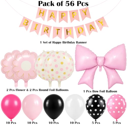 Image of 56 Pcs Pink Birthday Decoration Kit for Girls | Bow, Flower & Polka Dot Foil Balloons, Happy Birthday Banner | Bday Party Decoration Supplies