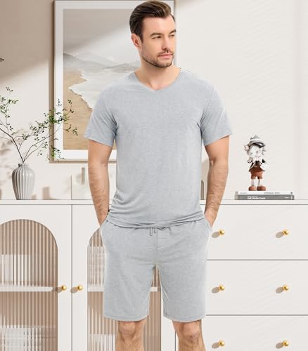 Image of NACHILA Men's Pajamas-Viscose Made from Bamboo, Short Sleeve Top with Shorts Pjs Set V Neck Sleepwear Cool Loungewear