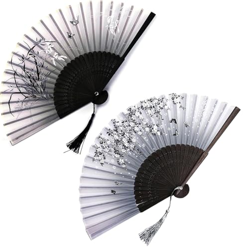 FNSIGHD 2 Pcs Vintage Paper Fan, Pink and Black Durability Hand Fan Folding, Portable Paper Fans Handheld, Silk Fabric Bamboo Chinese Hand Fans, for Wedding, Birthday, Party Decoration, Travel