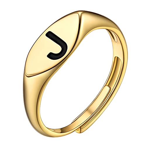 Bestyle Gold Letter J Ring,Stacking Initial Signet Rings, Dainty Monogram Statement Jewelry Gift for Mom Grandma Wife Daughter Sister Girlfriends, Adjustable Size #6-#12