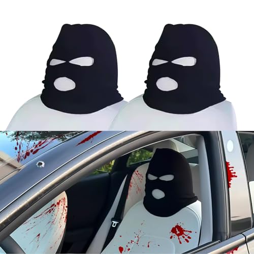 Xotic Tech 2Pcs Car Funny Decoration Spoof Balaclava Face Headrest Cover, Scary Bank Robber Costume Front Seat Head Rest Protector, Halloween Bandit Mask Auto Accessories Universal for Most Car-Black