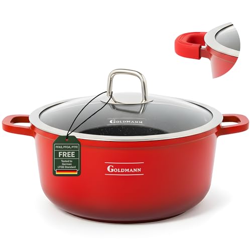 GOLDMANN Olla de Cocina de Aluminio Fundido con Tapa de Vidrio Selic, Revestimiento Antiadherente Cerámico Mármol Saludable & Apta para Inducción y Todas las Cocinas (Rojo, 24 CM)
