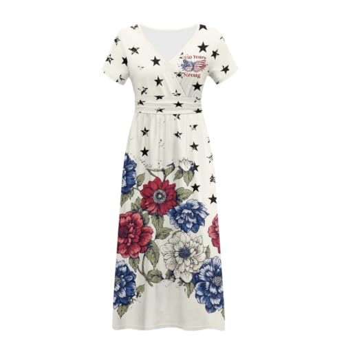 Image of Women's Fall Summer Short Sleeve Ankle Length V-Neck Party Dress with Pockets Size S-3XL