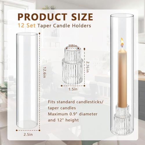 12 Set Hurricane Glass Candle Holders, 12.6 Inch Clear Glass Chimney Candle Holders with Taper Candlestick Bases, Glass Candle Holders for Wedding Centerpieces, Dining Table, Party Home Decor (12)