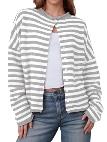 Image of Saodimallsu Womens Striped Cardigan Casual Long Sleeve Open Front Button Down Loose Knit Lightweight Fall Sweaters