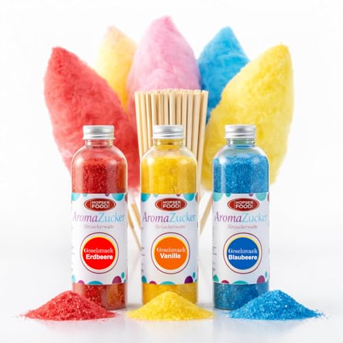 Hopser Food Fun - Azúcar para algodón de azúcar, 3 x 230 gramos para máquina de algodón de azúcar, incluye 50 bastoncillos de algodón de azúcar (1 fresa, vainilla, chicle + 50 varillas)