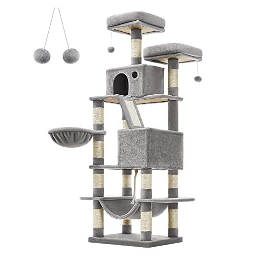 Feandrea Árbol para Gatos, L, Torre de Gatos de 168 cm de Altura con 13 Poste, 2 Plataformas, 2 Cuevas, Cesta, Hamaca, Pompón, Rascador Multinivel para Gatos Grandes, Gris Claro PCT165W01