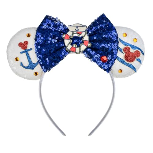 A Miaow Mouse Ears Glitter Sequin Headband Fashion Sparkle Bow Hair Hoop Women Party Costume Photography Props Accessory (Cruise and Buoy)