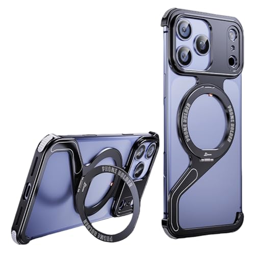 IPhone 17 / 17 Pro / 17 Pro Max 用 Z型メタルバンパーケース、フレームレス超軽量アルミ合金保護カバー、360°回転リングスタンド付き、放熱構造・耐衝撃・MagSafe対応(Black,17)