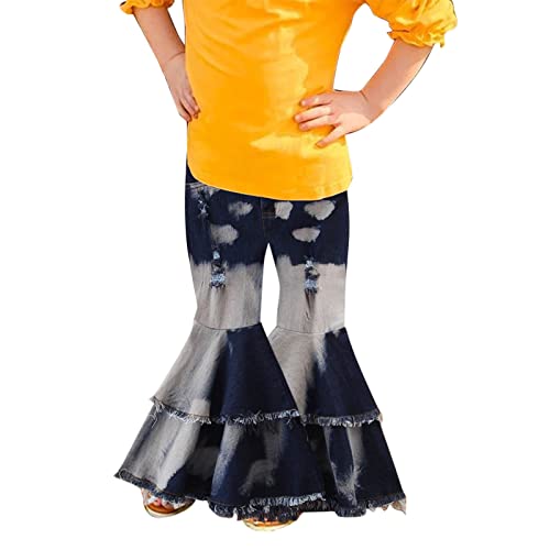 Toddler Kids Baby Girl Ruffle Flare Jeans Bell Bottom Raw Hem Ripped Denim Pant Stretch Wide Leg Trousers Fall Outfit
