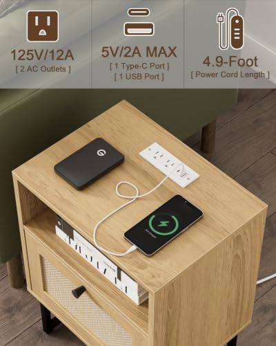 Image of Masupu Rattan Nightstand with Charging Station, Modern Boho Farmhouse Wood Bedside Table with Storage Drawer and Open Shelf, Side End Table for Bedroom, Office (Natural)