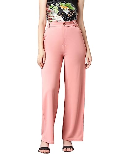 Image of KOTTY Women's High Rise Cotton Blend Relaxed Fit Trousers Baby Pink