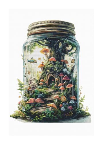 Image of Moohue Stamped Cross Stitch Kits for Adults Mushroom Bottle 14CT Pre Printed Cross Stitch Kits for Beginners (Mushroom Trees in a Bottle)