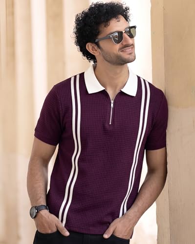 Image of AUSK Men's Retro Cable-Knit Quarter-Zip Polo | Premium Textured Self-Design Half Sleeve T-Shirt for Men