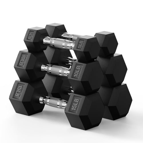 PAPABABE Hex Dumbbell Set, Rubber Encased Home Gym Dumbbells, Weights Dumbbells for Women & Men, Hand Weight for Strength Training (60 set)