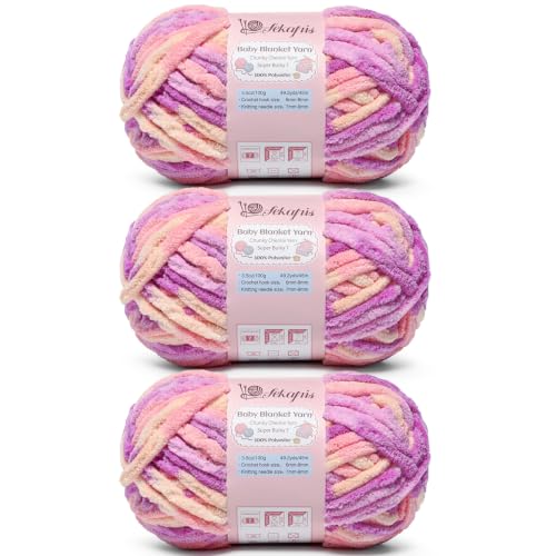 Image of 10.58 oz /147.6 yds Chunky Chenille Yarn for Crocheting, #7 Super Bulky Baby Blanket Yarn for Crocheting Soft, Fluffy Velvet Yarn for Knitting, Amigurumi Crochet Yarn for Crafts (3 Pinkish Purple)