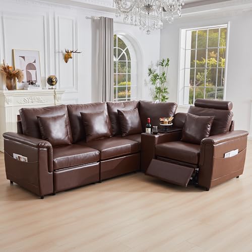 Image of RARZOE Modular Sectional Sofa with Power Recliner, 4-Seater L-Shaped Reclining Couch, Faux Leather Couches with Storage Console Charging Cup Holders, Modern Comfy Sofa for Living Room,Brown