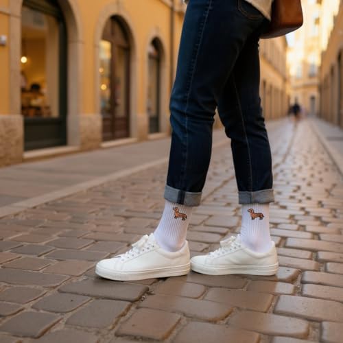 Tindo Dackel Socken Damen Herren – Weiße Crew Socken mit Dackel Stickerei – Lustige Hundemotiv Socken – Retro Streetwear Unisex – Bequeme Baumwollsocken & Geschenkidee für Tierliebhaber