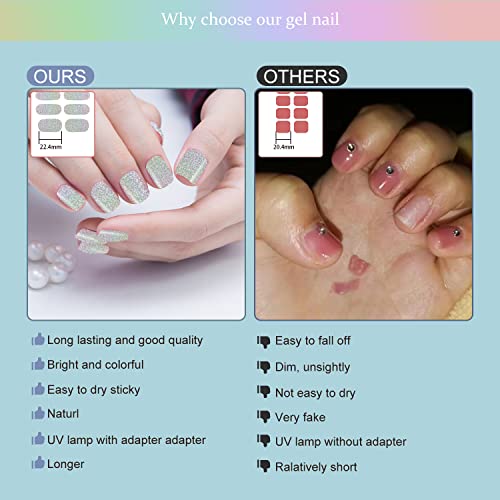 Dukasou Semi Cured Gel Nail Strips, 28Pcs Silver Glitter Gel Nail Strips With Uv/Led Light, Long Lasting Gel Nail Stickers Full Nail Wraps For Women Girls Kids Diy Decorations Birthday Party Favor Gifts, Includes Prep Pads, Nail File & Wood Stick #TOP3