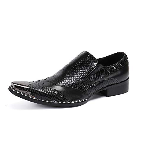 Exquisite Metal Square Toe Oxfords for Men Slip On Style Rivet Genuine Imitation Snake Skin Leather Formal Dress