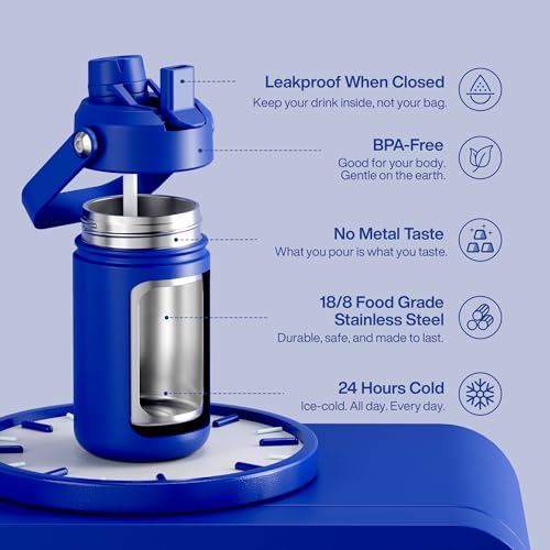 Image of Kids Insulated Water Bottle with Straw - 12oz Stainless Steel Water Bottle with Dual Spouts, Leak-Proof, BPA-Free, Double Wall Vacuum Keeps Cold for 24 Hours for Sports, Travel, School (Royal Blue)